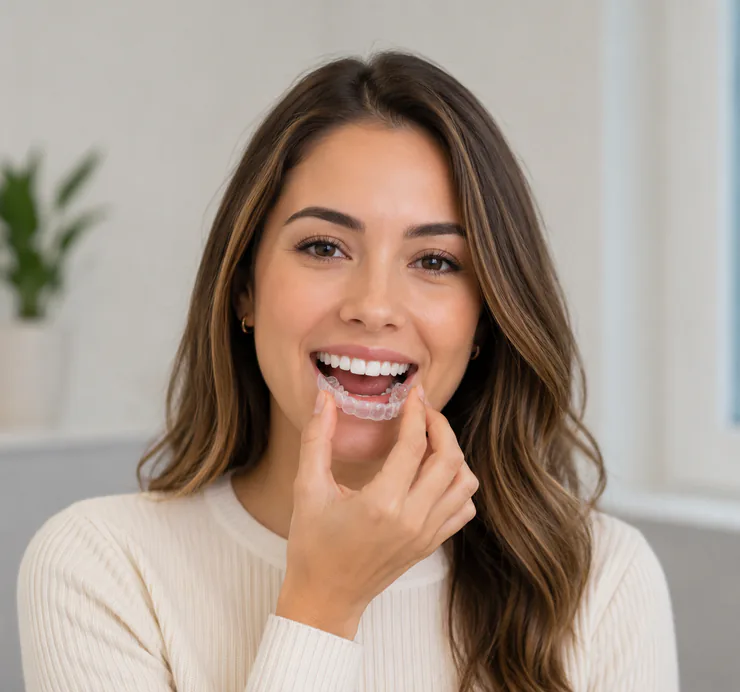 Young woman holding Invisalign clear aligners at Honey Creek Dental