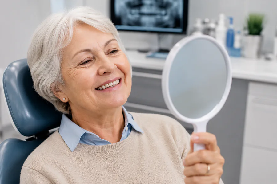 Happy patient admiring her restored smile in a mirror at Honey Creek Dental